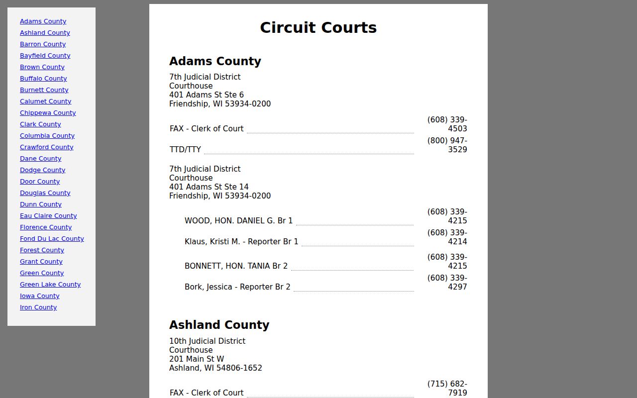 Pierce County criminal court address in the Wisconsin judiciary directory