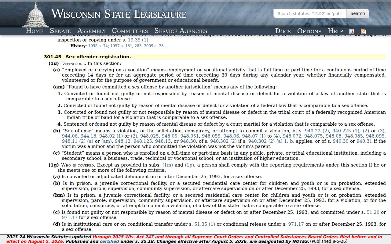 Wisconsin sex offender registration duration and publication statute used for Pierce County profiles