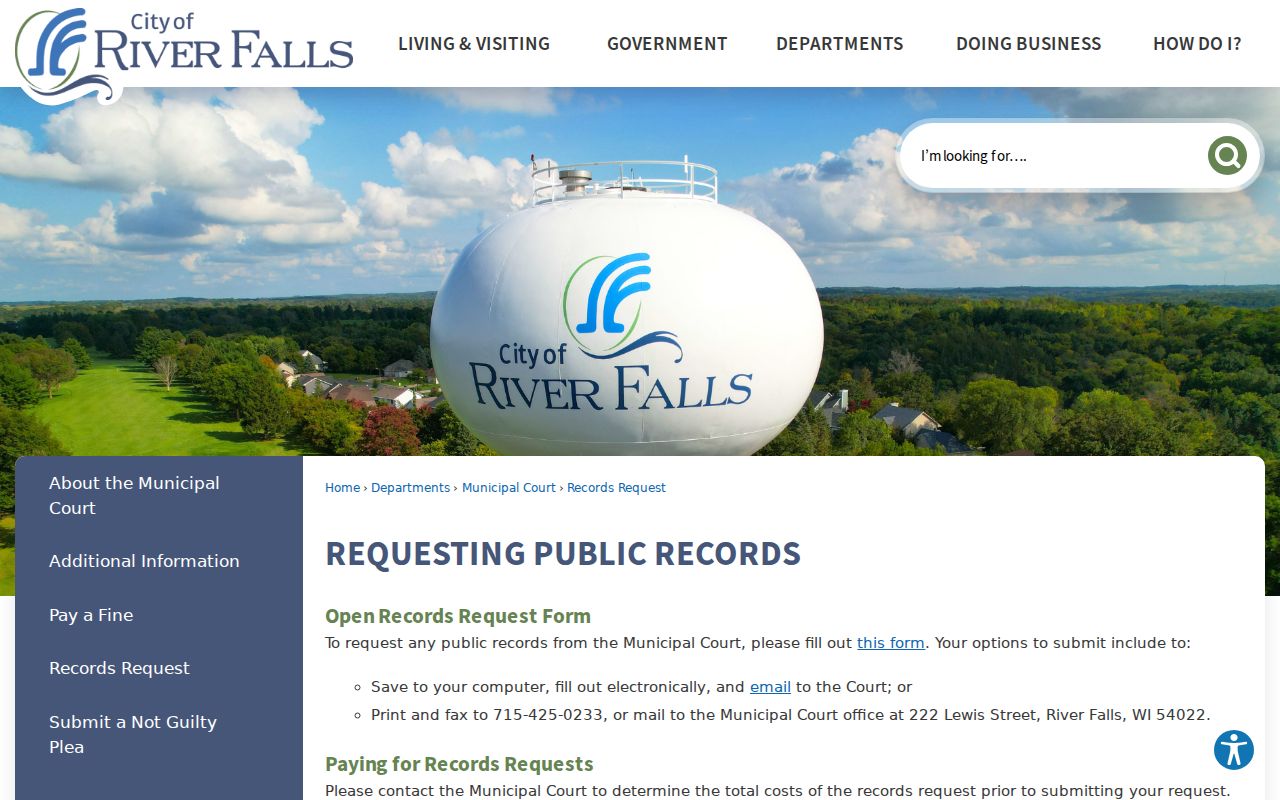 River Falls Municipal Court record request instructions for city citations