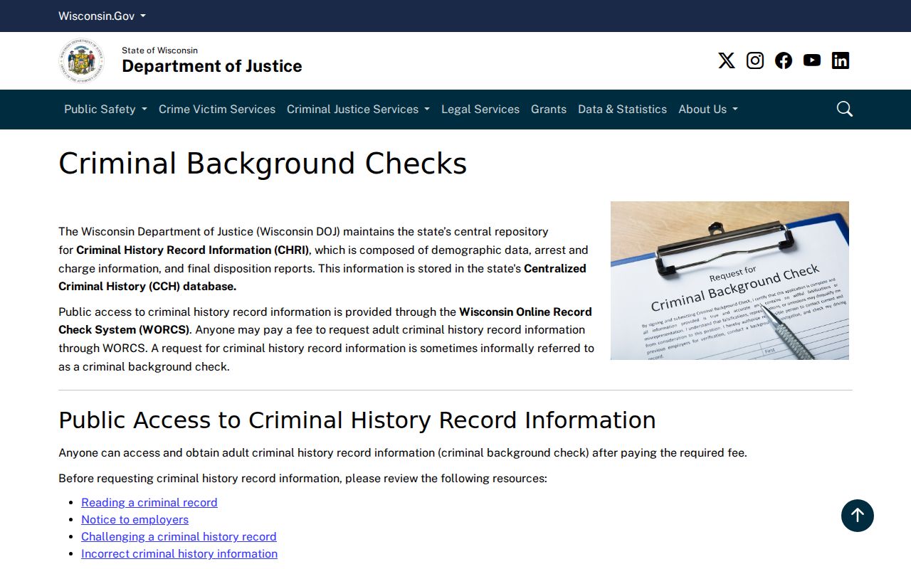 Wisconsin DOJ criminal background check options for Pierce County criminal history